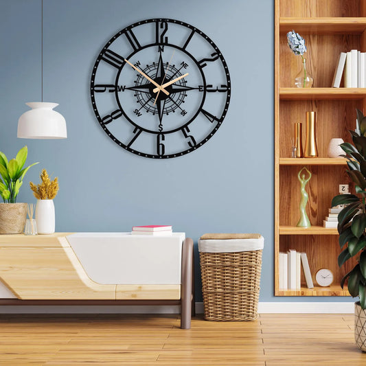 Unique Compass Metal Wall Clock, Compass Wall Decor, Large Clock, Library Wall Clock, Clocks for Wall, Living Room Home Decor